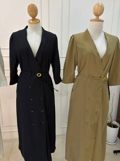 Women Elegant Double Breasted Blazer Long Dress With Waist Belty